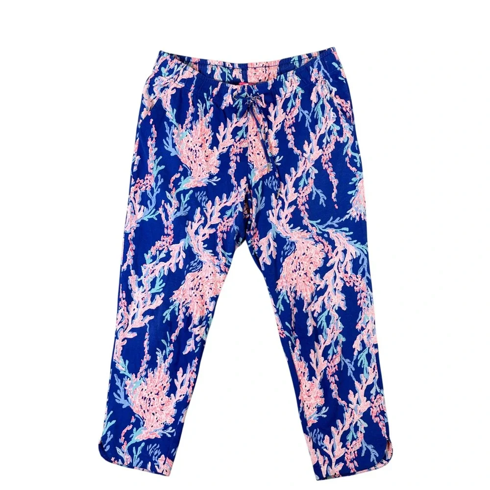Lilly Pulitzer Blue Pink Coral Print Cotton Knit Shorts XL Drawstring Pockets
